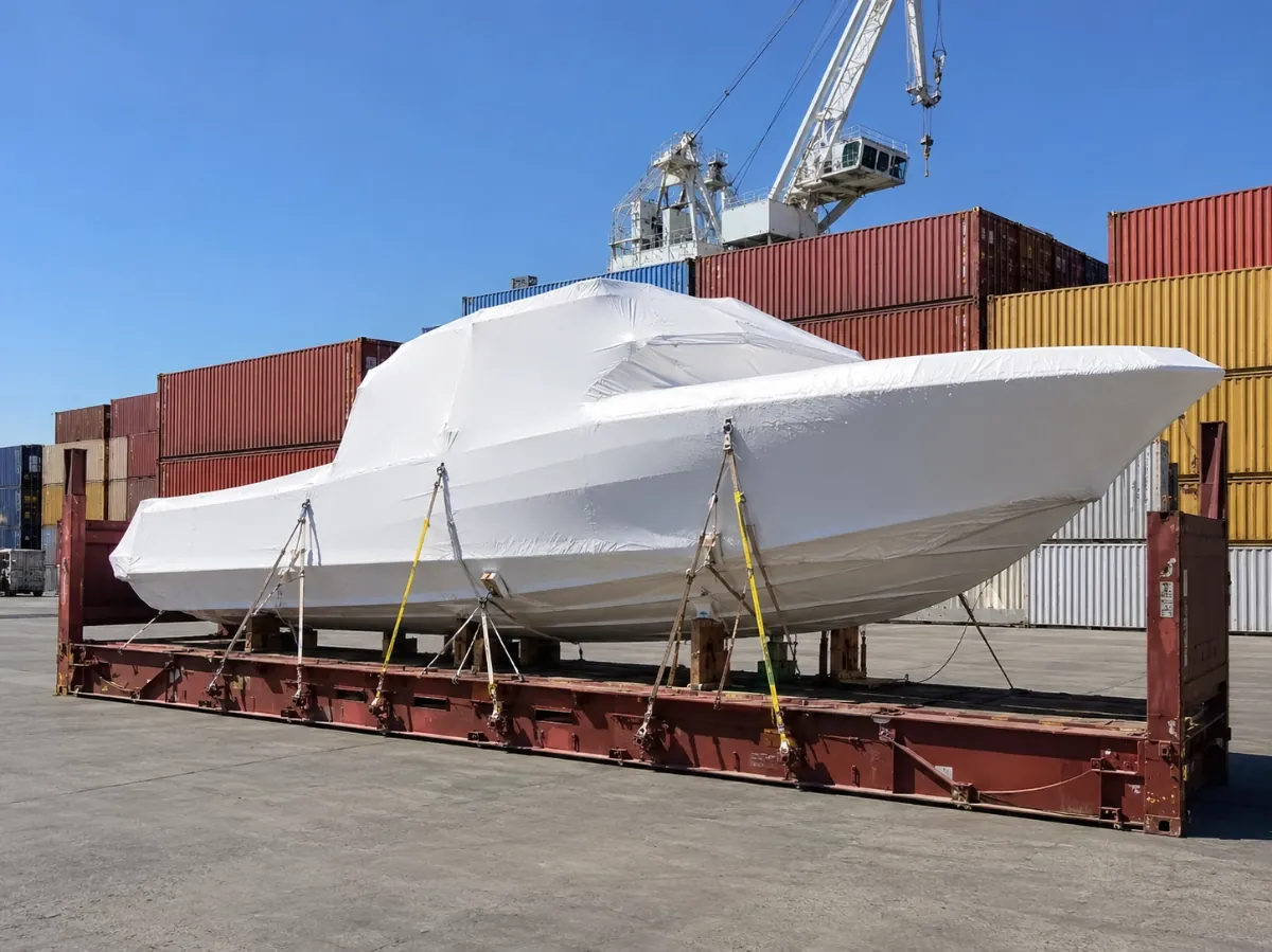 A large motorboat fully shrink-wrapped in white plastic, secured with straps on a flat-rack shipping container at port, ready for overseas transport.
